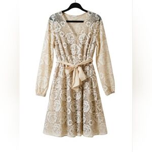 Apricot Crochet Lace Belted V-Neck Wrap Mini Dress Size Small.